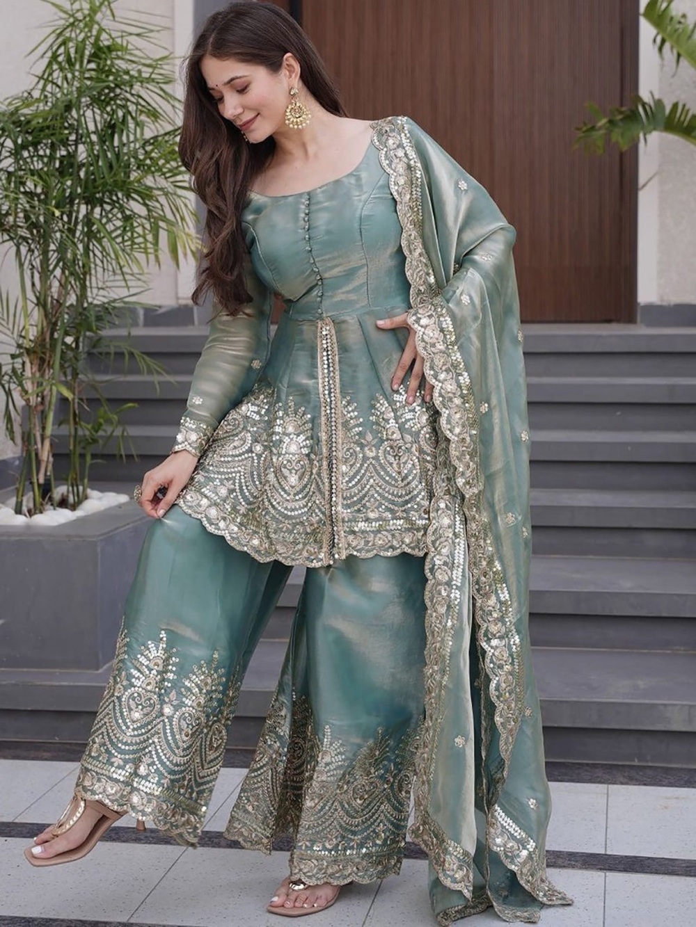 Women’s Indian Silk Designer Mirror  Embroidery Sequin Work Kurta Plazzo set-M - Picture 7 of 12